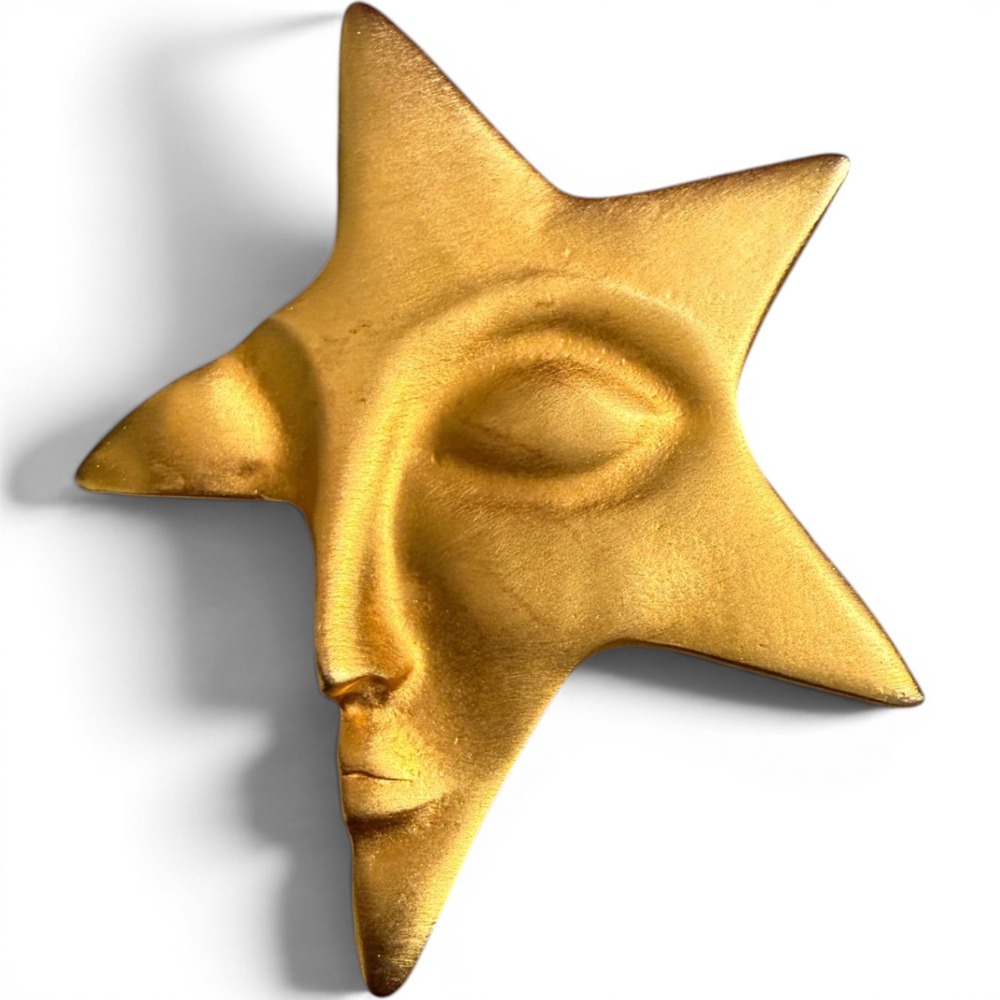 Vintage Gold Tone Celestial Star Face Brooch Pin Whimsical Sculptural Large